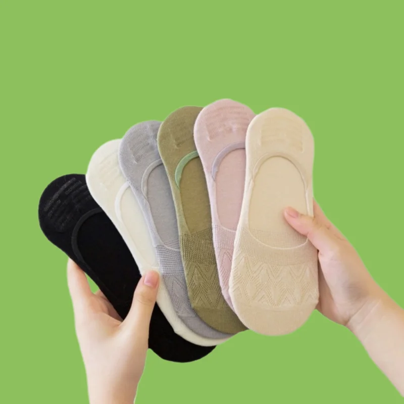 3/6 Pairs High Quality Silicone Non-slip Cotton Socks Women's Low-top Solid Color All-match Socks Mesh Hollow Invisible Socks