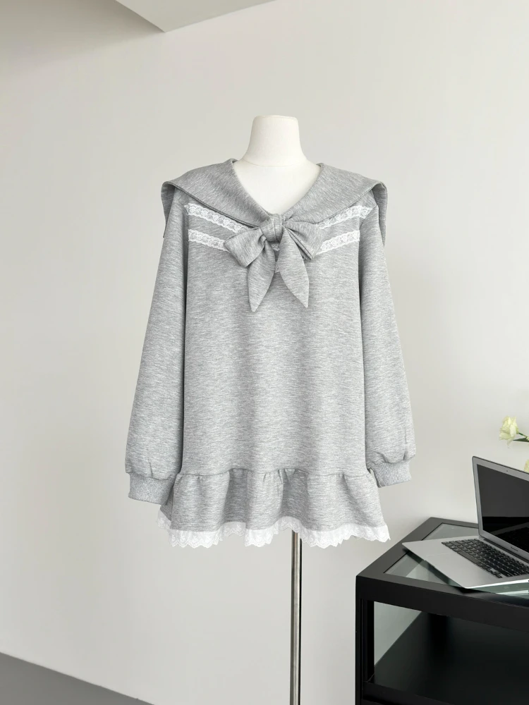 Academy Style Bow Lace Loose Casual Long Sleeve Gray Dress Women Sailor Collar Spring Sweet Girl Ruffled Sweatshirt Short Dress