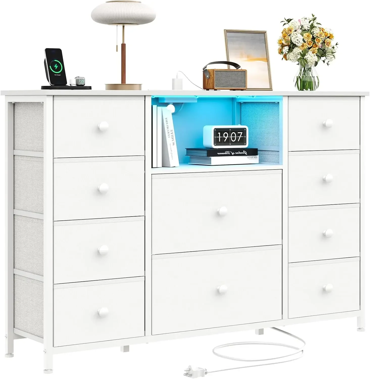 Dresser for Bedroom with 10 Drawers, White Storage Organizer TV Stand | with LED Lights and Sockets, Fabric Chest of Drawers for