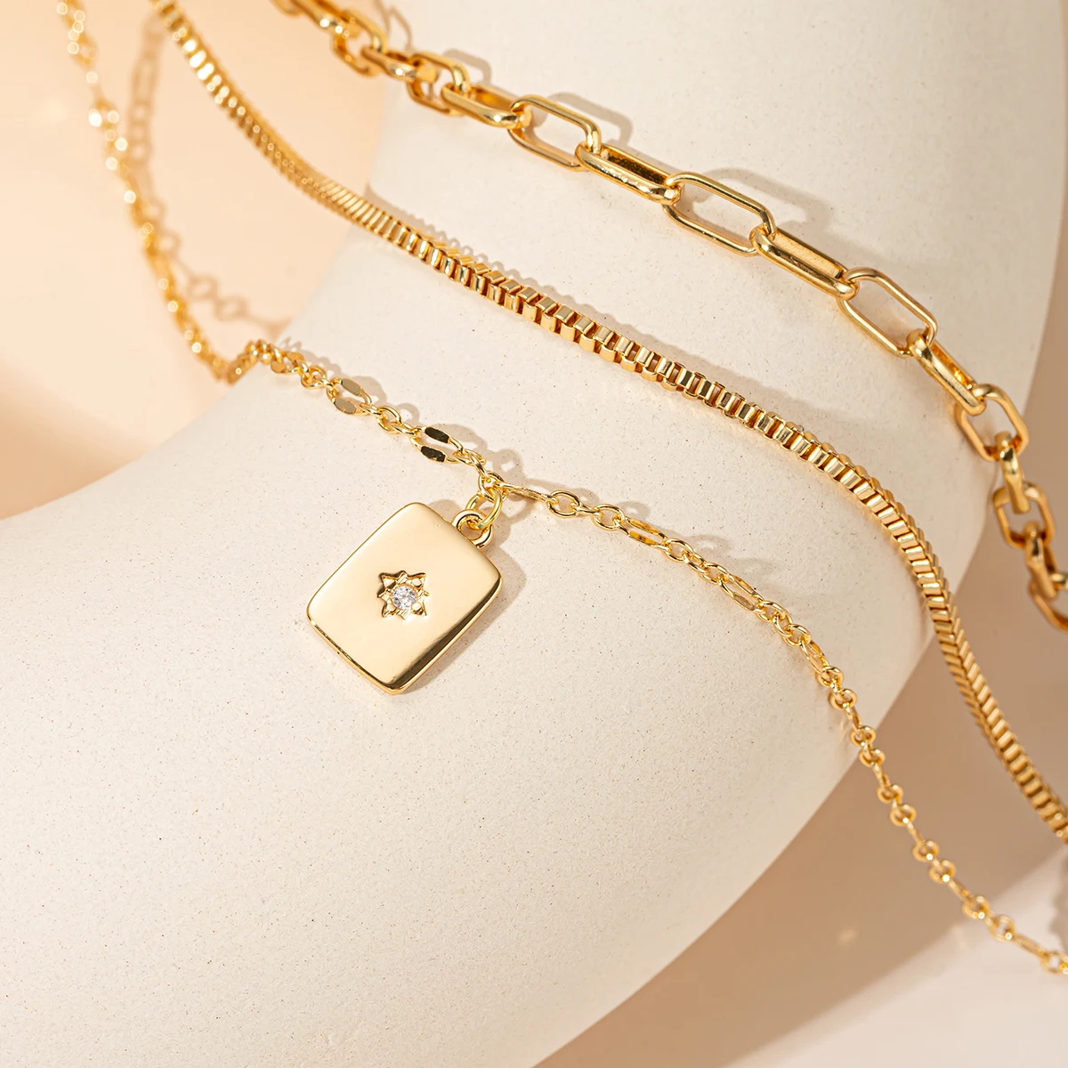 Gold Plated 3 Layered Necklace For Women Dainty Square Pendant Zircon Choker Necklaces Stackable Layering Chain Jewelry Gift