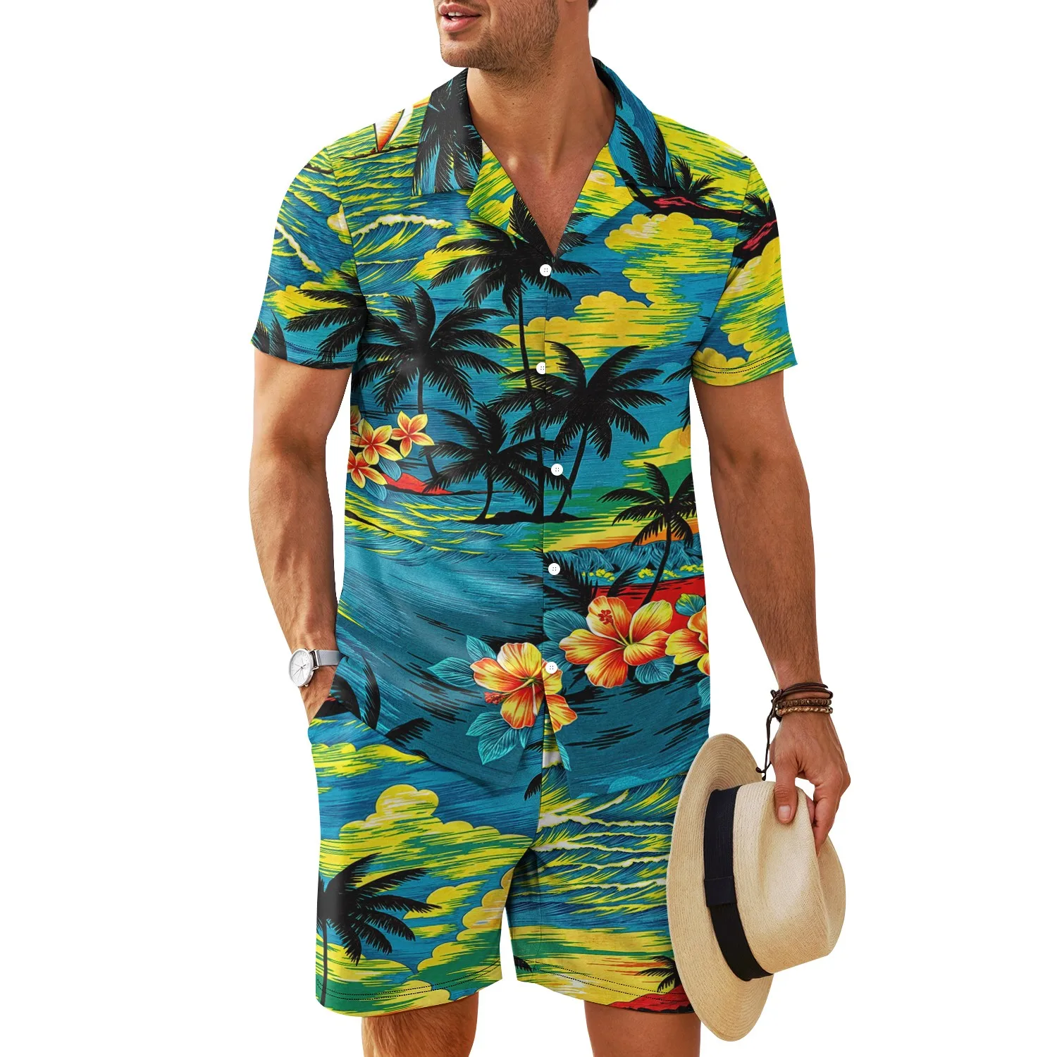 

2025 New Palm Tree Tropical Men's Degree 3D Printed Hawaiian Shirt Suit Shorts Combo Casual Fashion Short Sleeve Shirt Set