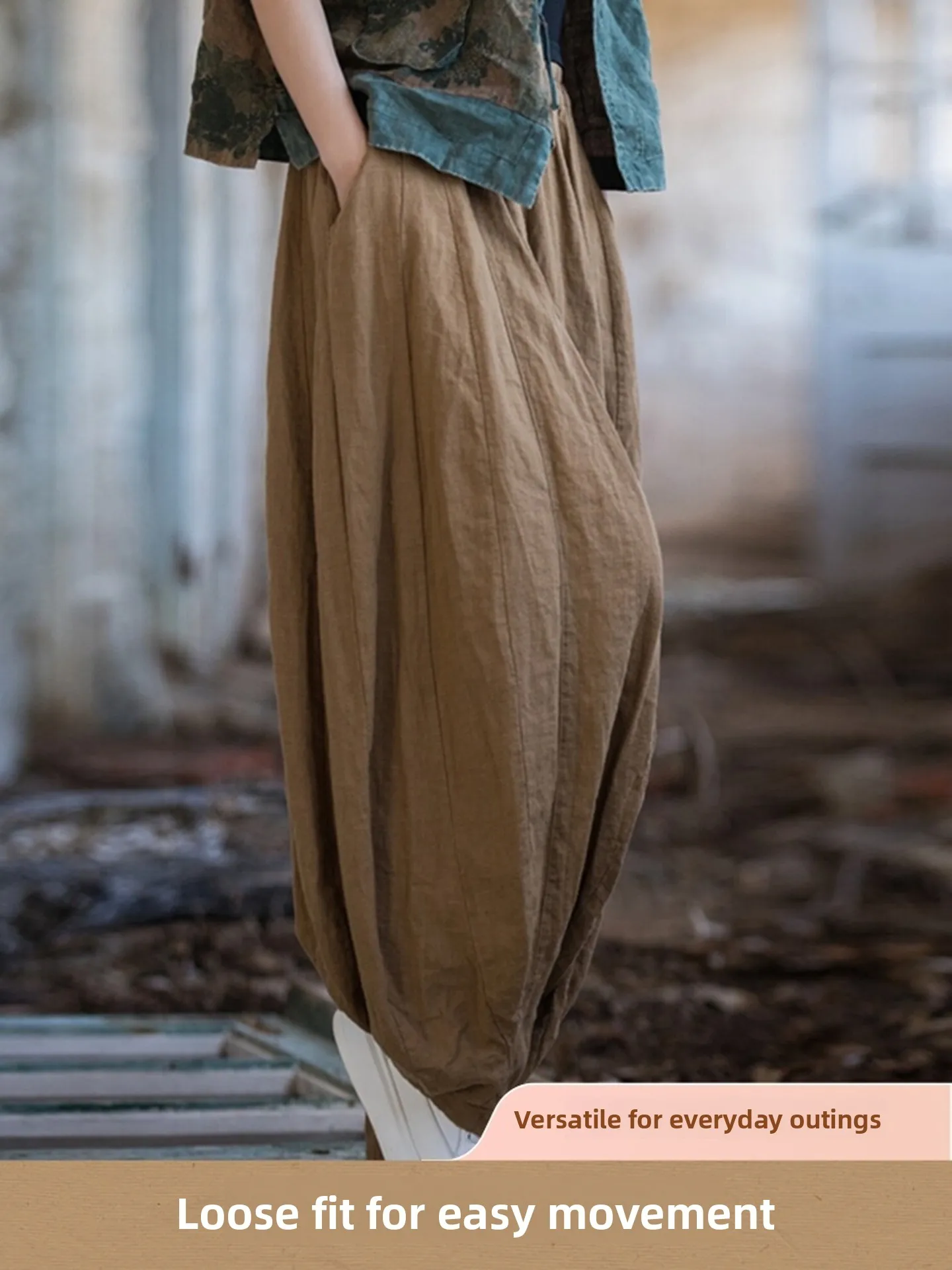 Retro Style Women's Cotton Linen Lantern Pants High Waist Long Trousers Asymmetric Design Pumpkin Patterned Vintage Look