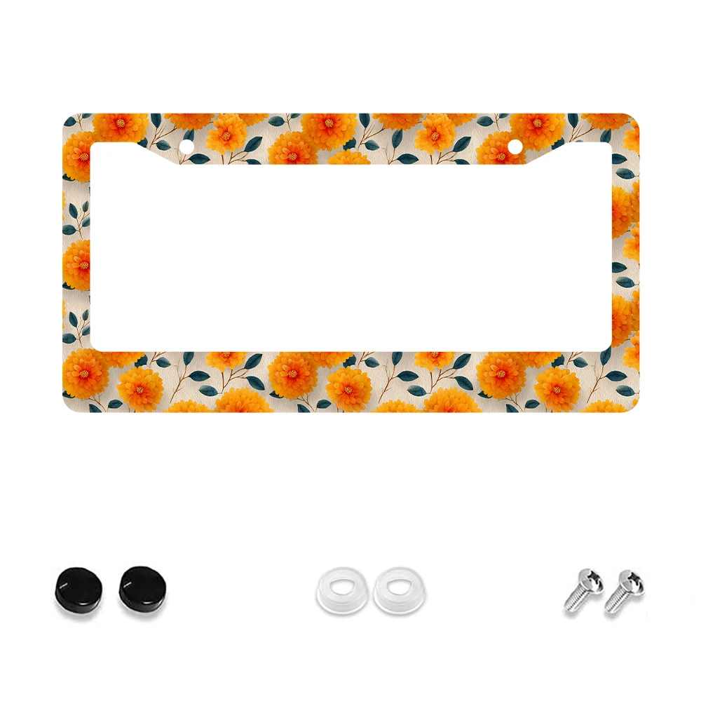 

1 шт. рамка номерного знака с оранжевым цветочным узором и 2 отверстиями, алюминиевый материал, 6x12 дюймов с комплектом винтов, ретро-новинка, украшение для автомобиля