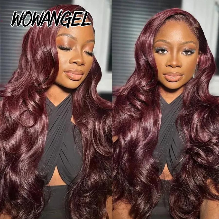 Dunkelburgunderrote, kleberlose Echthaarperücken für Frauen, 99j Rot gefärbte, sofort tragbare Body-Wave-Perücke, 13x6 HD Lace Frontal Echthaarperücken – Detail 4