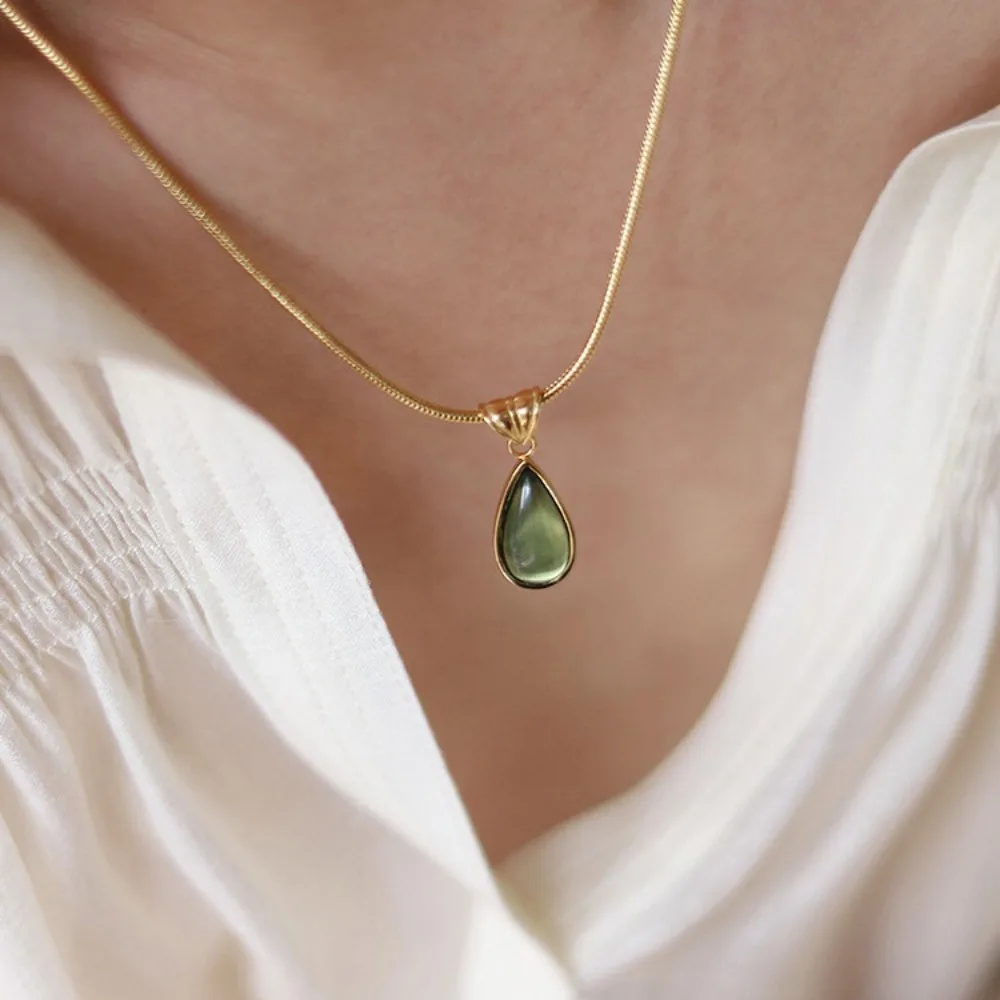 Titanium Drop Pendant Necklace Colorfast Olive-green Water Drop Neck Chain Silver Tender Snake Bone Chain Necklace