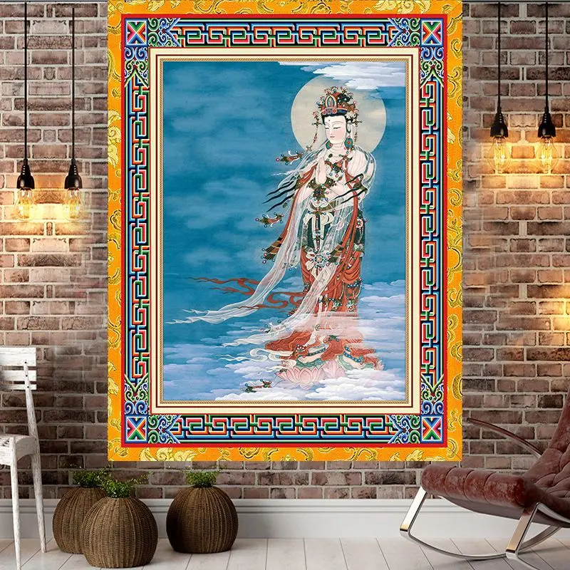 VIKAMA Tibetan Thangka Guanyin Mandala Tapestry, Retro Buddhist Bodhisattva Wall Hanging, Aesthetic Home Room Decoration