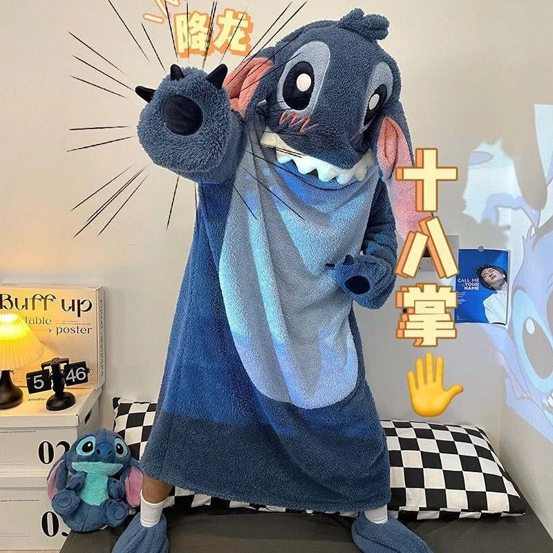 Disney Stitch winter new coral fleece one-piece pajamas women\'s fleece thickened cartoon bathrobe flannel nightgown loungewear