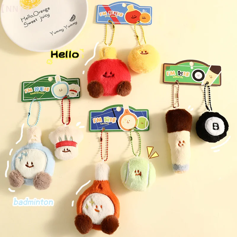 Creative Badminton Table Tennis Billiard Plush Keychain Cartoon Fluffy Cute Soft Stuffed Ball Game Equipment Bag Pendant Keyring