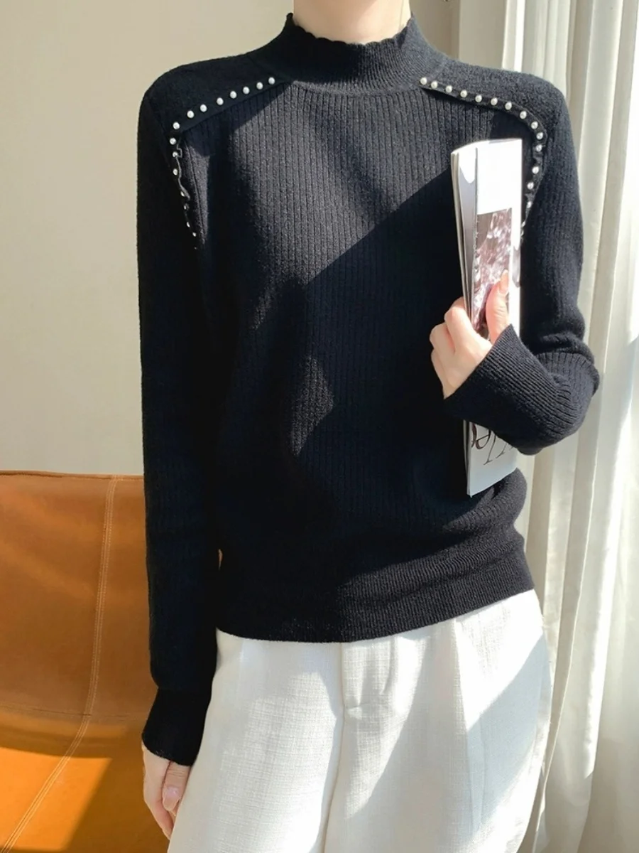 

Comfortable Woolen Sweater Women's Sle f High Collar Long Sve Loose Fit Base irt Beautiful oulder Sve Bead Sma...