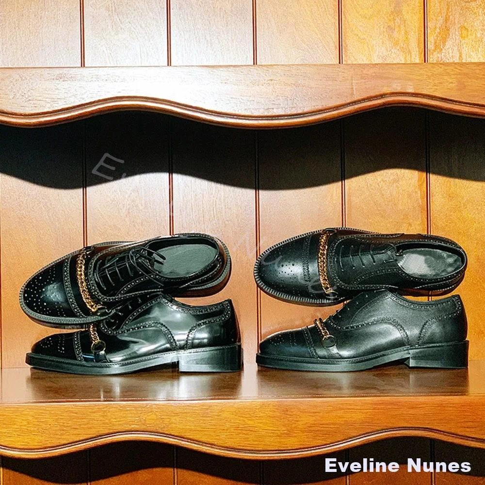 Men Patent Leather Derby Shoes Metal Round Toe Rivet Decor Lace Up Dress Shoes Thick Platform Punk Gothic Street Casual Shoes