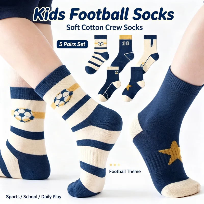 ZuQ 5 Pairs Children's' Socks Spring Autumn Cotton Socks Kids Striped Football Pattern Sock 1-14T Boys Cotton Socks