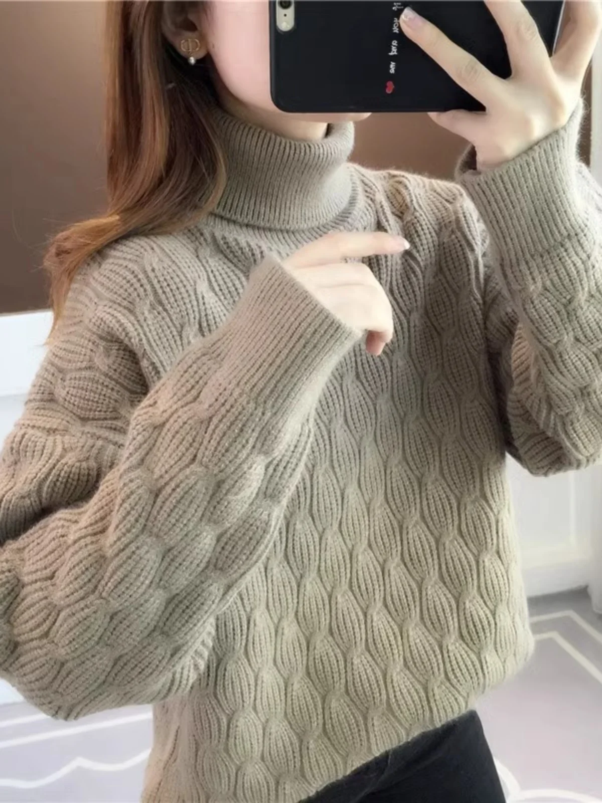 Thiened Hohe Kragen Gestrickte Pullover Frauen Lose ort Sle Herbst Winter Neue Faion Koreanische Sle Lange Sve Top