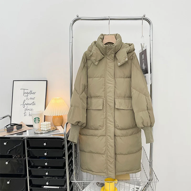 Schinteon Women White Duck Down Jacket with Hood Autumn Winter Warm Outwear Casual Over Size Loose Knitting Patchwork Coat 2023