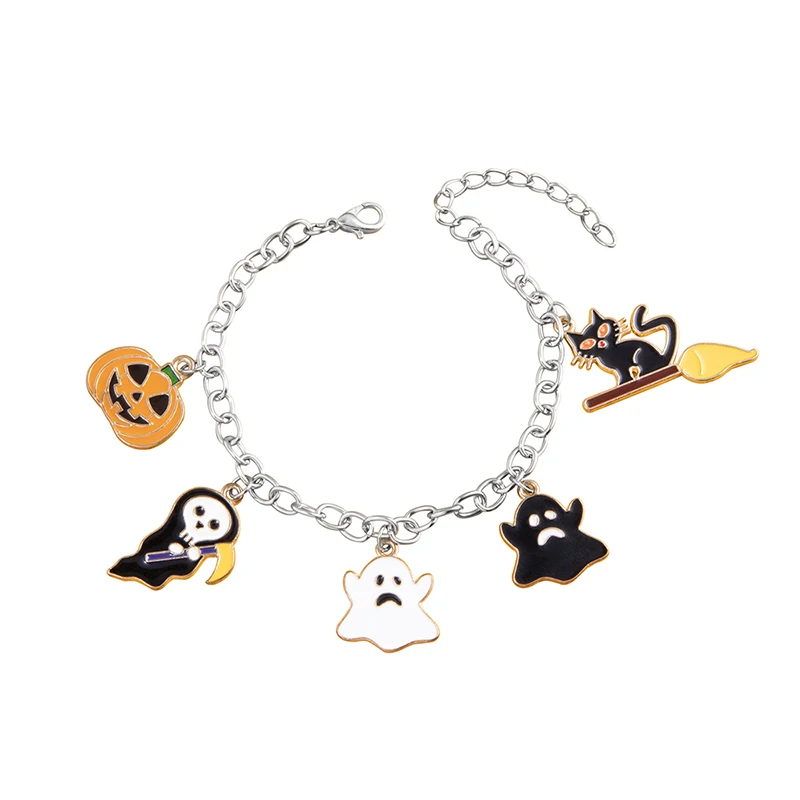 Cute Enamel Pumpkin Death Ghost Cat Charm Bracelet For Women Girls Halloween Jewelry Gifts