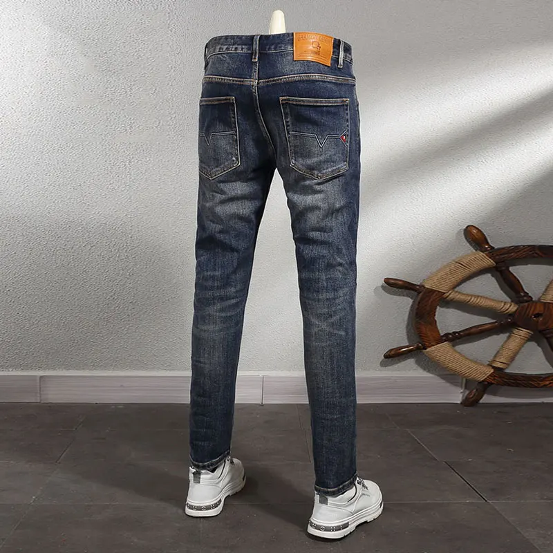 European Trendy Fashion Men Jeans High Quality Retro Black Blue Elastic Slim Fit Vintage Jeans Men Casual Designer Denim Pants