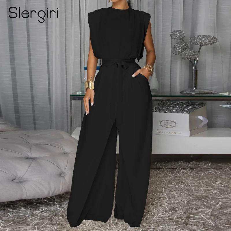 

Slergiri Women's Solid Color O-Neck Sleeveless Belted Jumpsuit with Pockets Summer Office Ladies Party Elegant Wide Leg Jumpsuit