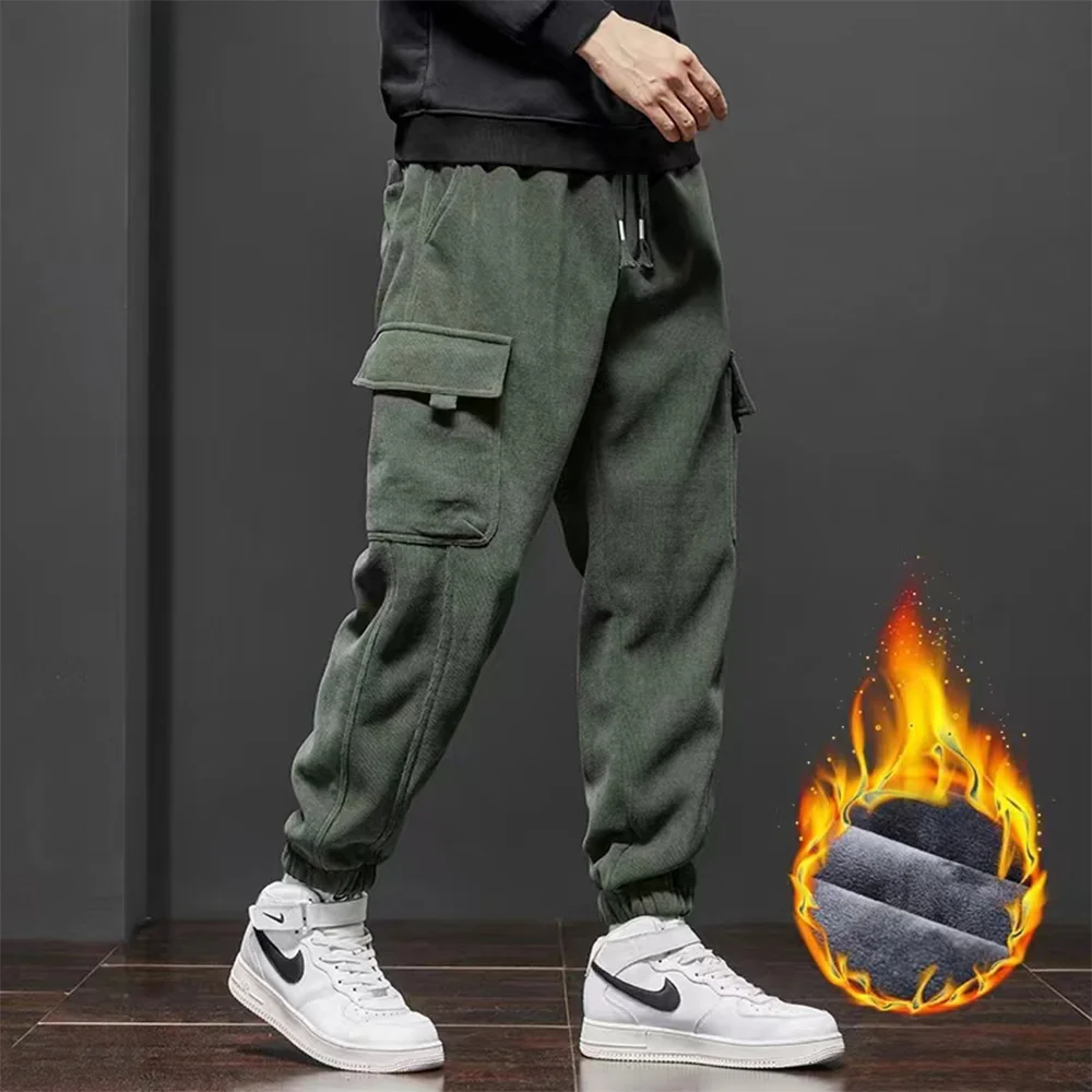 2023 New Winter Fleece Warm Corduroy Pants Men Solid Color Pocket Baggy Trousers  Thick Joggers Streetwear Harem Pants Men M-5XL