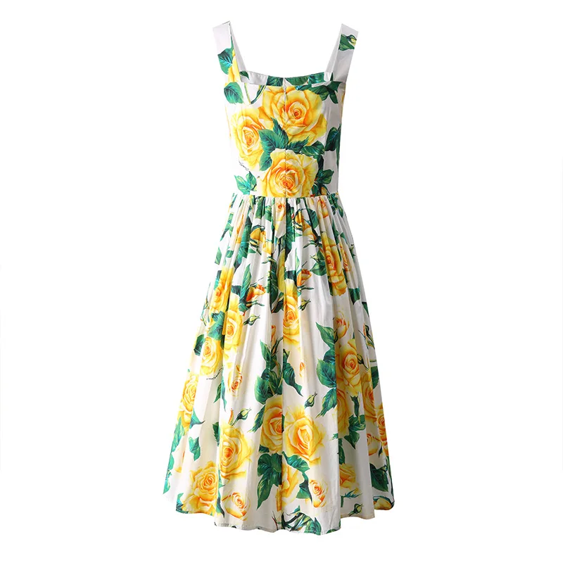 Zomer Dameskleding Elegante Jurk Met Gele Rozenprint En Mode-Spaghettibandjes Jurken Met Enkele Rij Knopen In Strandstijl A-Lijn