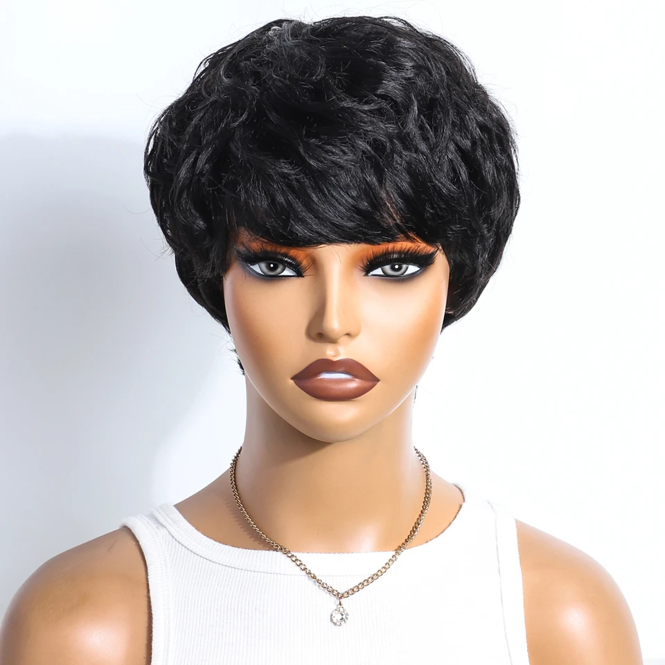 Lekker Natural Black Short Pixie Cut Curly 100% Human Hair Wig For Women Brazilian Remy Hair Colored Side Part Full Machine Wigs