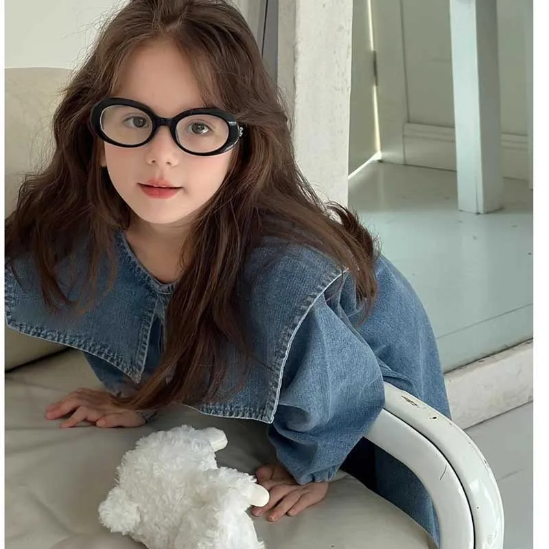 Girls\' Denim Dress with Large Collar Washed Denim Long Sleeved Dress A-line Skirt 2024 Spring and Autumn New Children Outfit