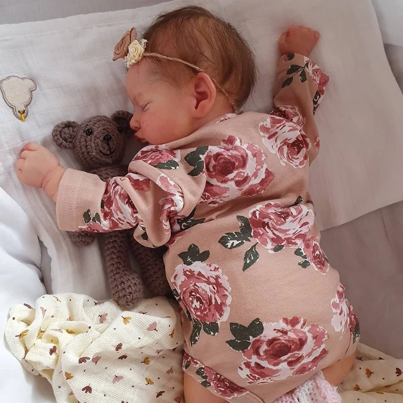 19inch Handmade Reborn Dolls Cute Reborn Sleeping Baby Doll Girl Rosalie with Hand-Rooted Brown Hair and Gift Already Doll