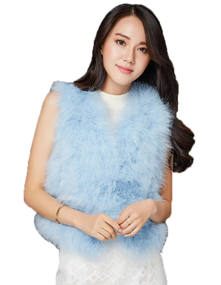 Real Fur Women\'s Winter Real Ostrich Fur Vest  Coat  Female Fashion Waistcoat Light Blue