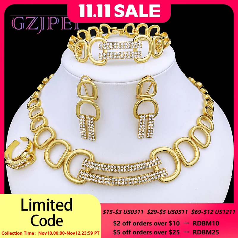 

Dubai Jewelry Sets For Women 18K Gold Plated Necklace Earrings Charm Bracelet And Ring 4PCS Set Jewelry Wedding Party Gift