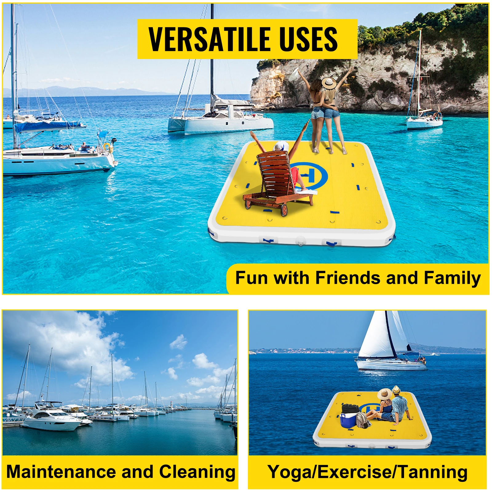 VEVOR Inflatable Dock Platform PVC Floating Dock 8 x 6 ft /8 x 8 ft /12 x 6 ft 3-4 /3-5 Person w/2 Pumps Inflatable Floats & Tub