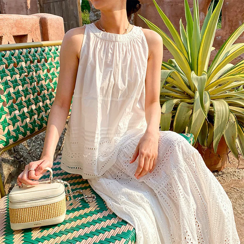 Francês estilo elegante blusa camisa tanque feminino branco verão 100% algodão oco para fora sem mangas férias senhoras colete topos novo