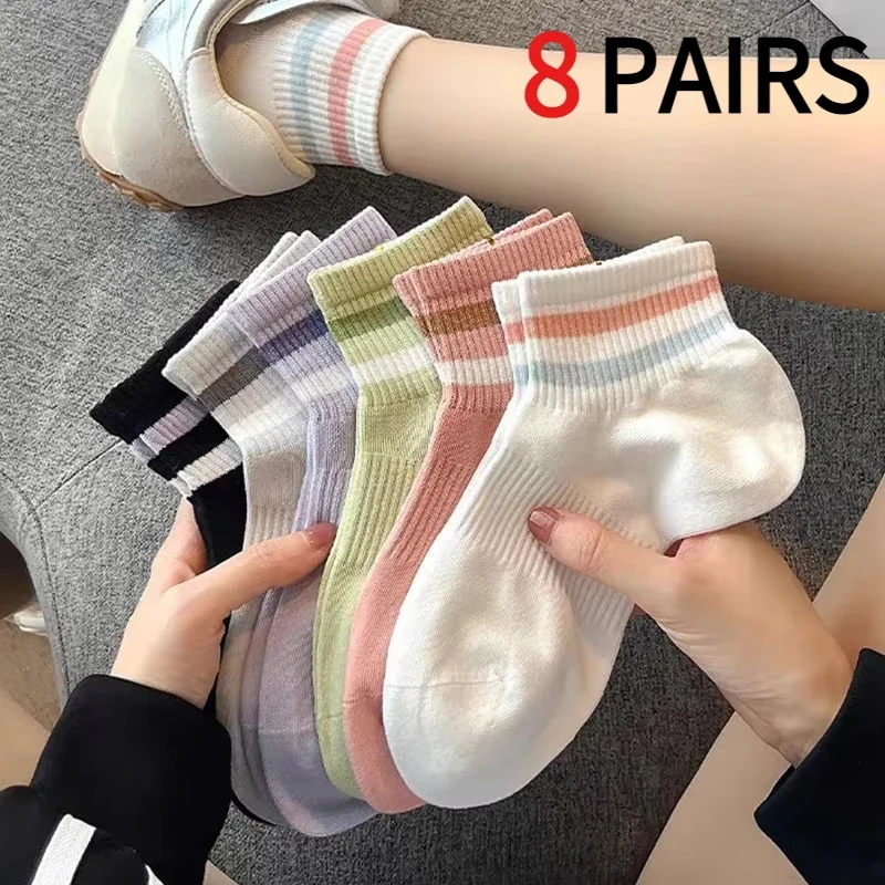 8 Pairs Womens Macaron Striped Mid Calf Socks Cute Colorful Breathable Sweat Wicking Elastic Fit Casual Sports Socks
