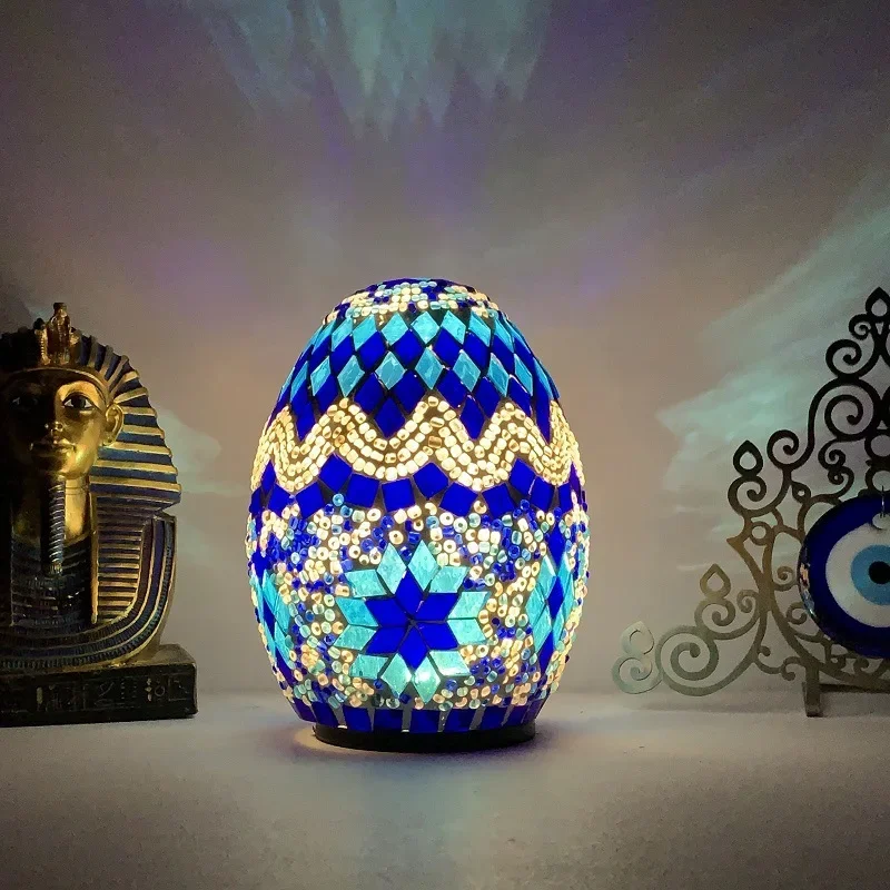 Turkish Mosaic Egg Table Lamp Mediterranean Handmade Rechargeable Battery Night Lights Living Room Decor Bedroom Desk Lamps