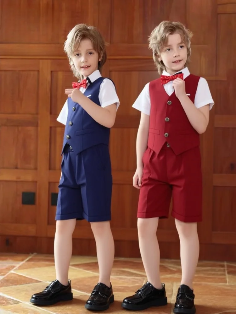 Gentleman Boys Vest Shorts Bowtie 3Pieces School Graduation Party Photography Suit Kids Piao Host Speech Performance Costume