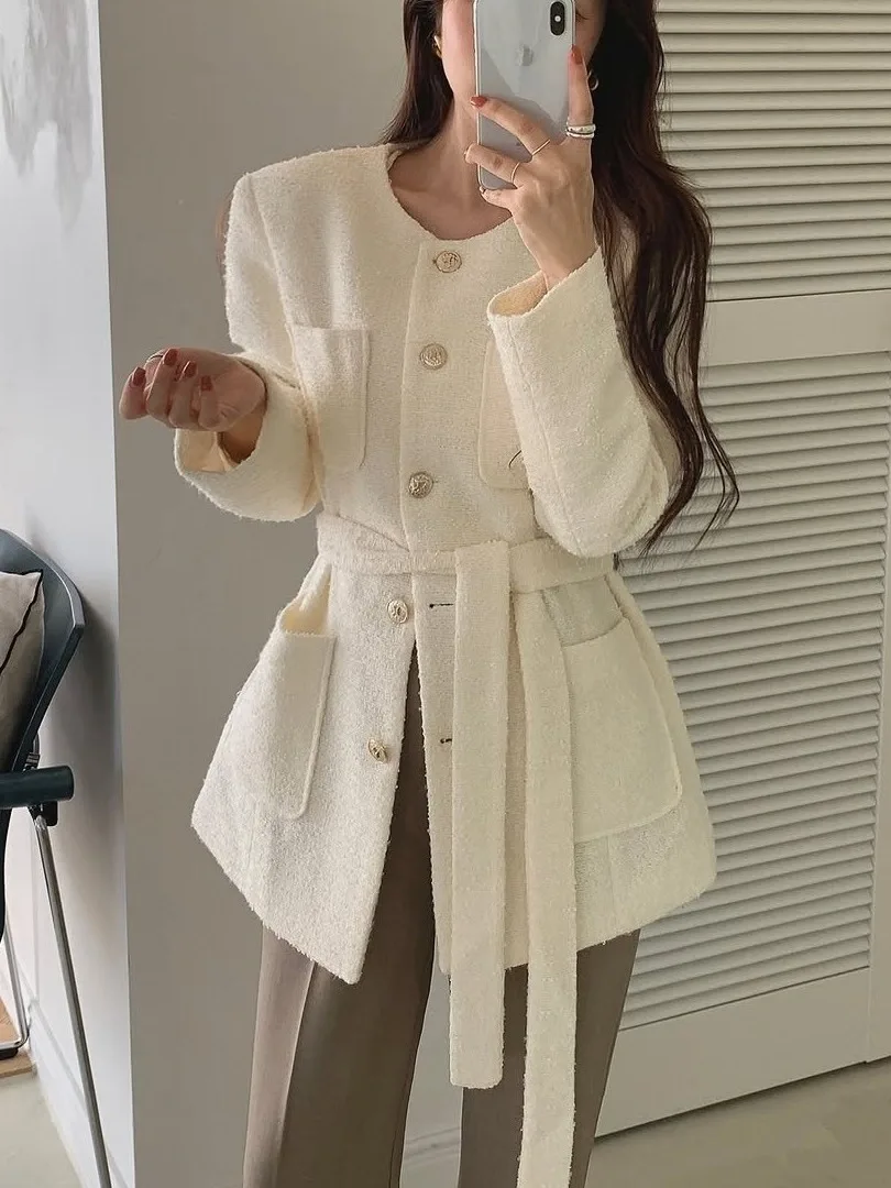 

Женское пальто Ele Korean Sle с поясом, большой квадратный узор, грубый тканый, модная и нежная верхняя одежда