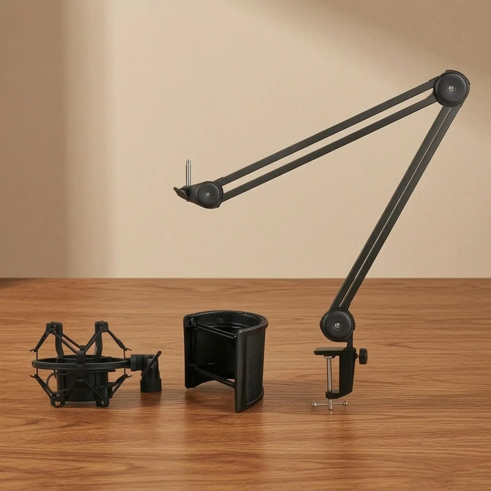 Space Saving Foldable Desk Mic Stand with Rotating Boom Arm for Voice Recording and Live Broadcasting