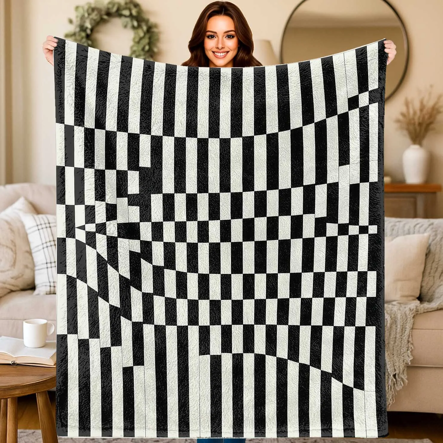 Op Art Grid Throw Blanket Distorted Square Design Trendy Abstract Print For Bedroom Office Apartment Decor