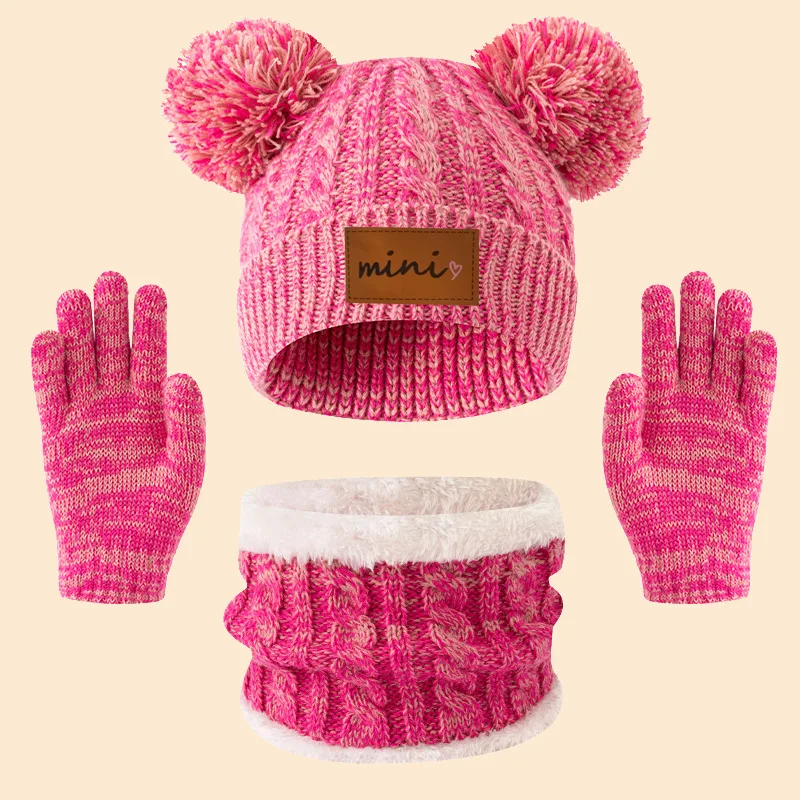 Gorros, bufandas y guantes de punto de 3 piezas para niños, aptos para niños de 3 a 12 años para mantener el calor al aire libre en invierno.