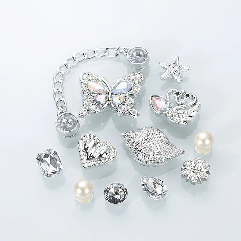 YNPO 12pcs Silver diamond-encrusted chain Shoe Charms for DIY Butterfly and conch patterns Shoe Buckle Decoration