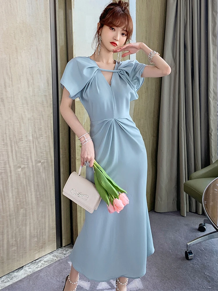 

Summer Midi Dress Women Blue Chic Hollow Batwing Sleeve High Waist Wrap Folds Robe Feminino Gentle Simple Holiday Beach Vestidos