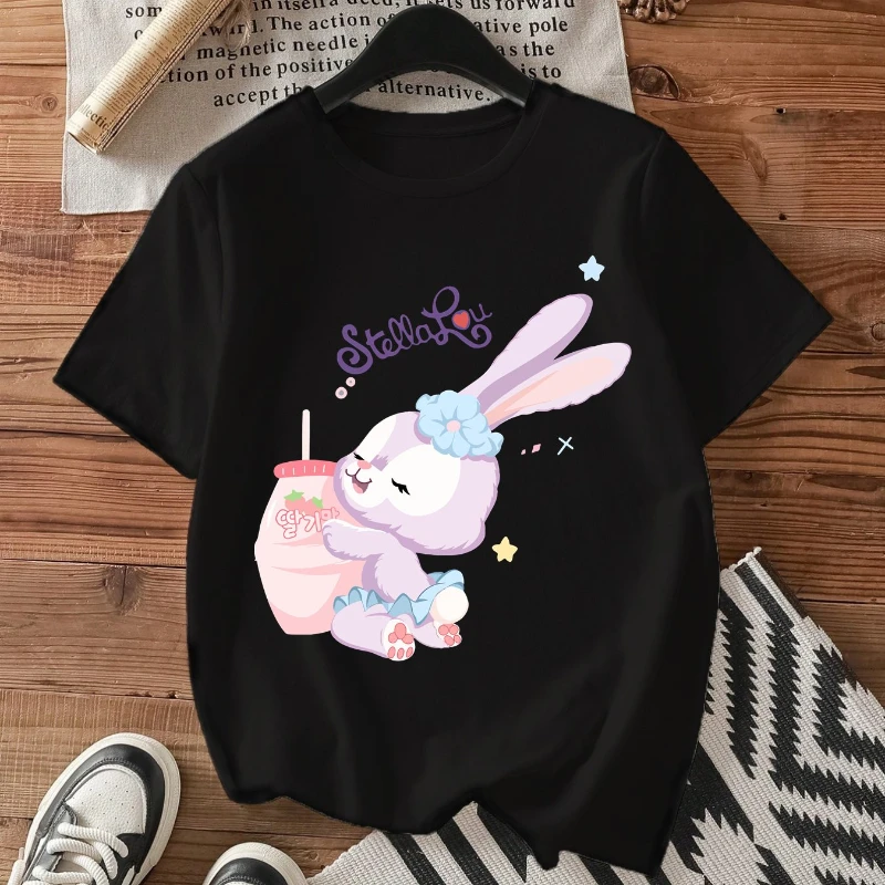 ディズニー レディース ステラルー ウサギ柄 Tシャツ - コットン 通気性 ラウンドネック ルーズ カジュアル 半袖、かわいい漫画プリント
