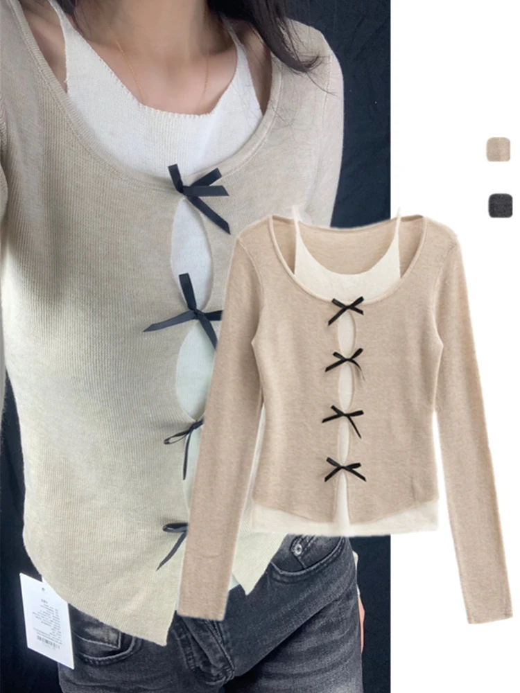 

Cute Knot Hollow out ort Knitted Sweater Two-Piece Design Color Blo Slim Fit Girl's Daily Wear round Ne Top