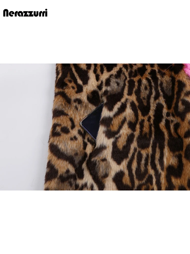 Nerazzurri Autumn Winter Long Thick Warm Patchwork Colorful Leopard Print Faux Fur Coat Women Luxury Chic Furry Overcoat 2023