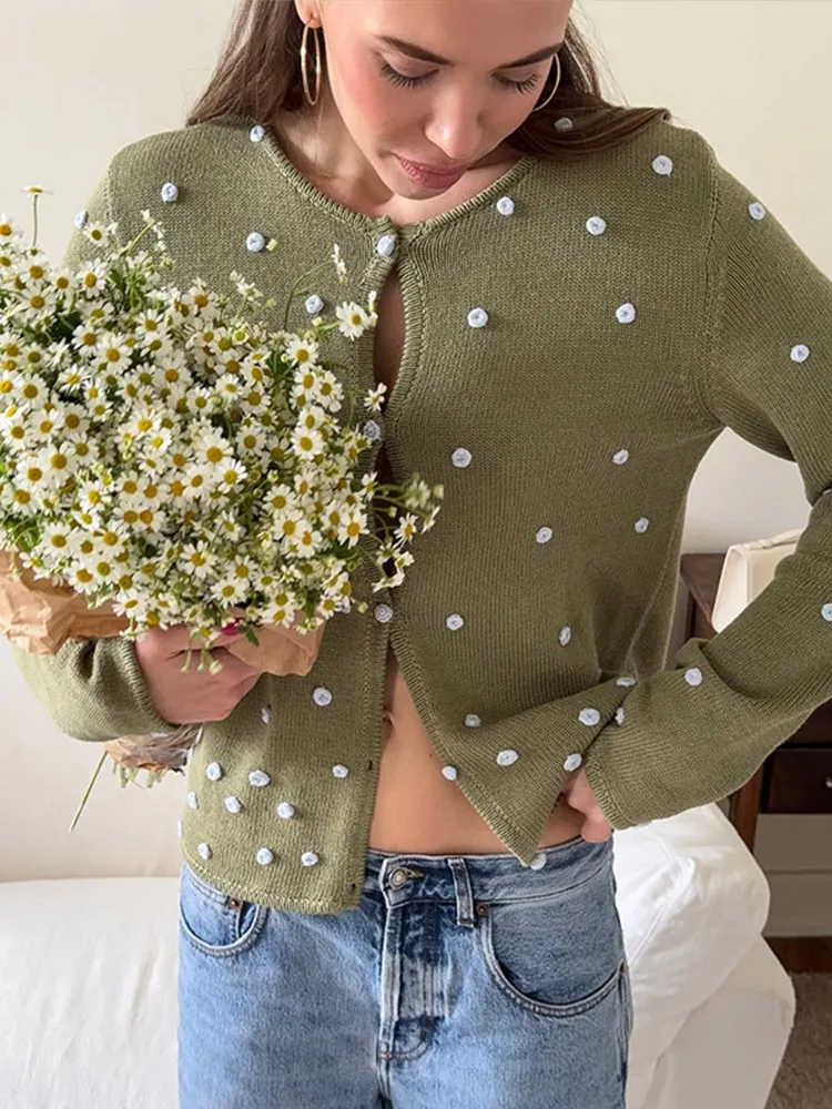

3d Flowear Knitted Cardigan Ins Women's Spring Autumn Round Neck Single Breasted Slimming Long Sleeved Sweater Top Knitwear