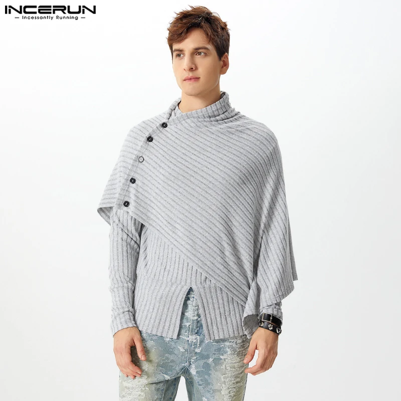 INCERUN American Fashion Long Sleeved Pullovers Men Casual Loose Solid Color Sweaters Handsome Stand Collar Shawl Design Jumpers