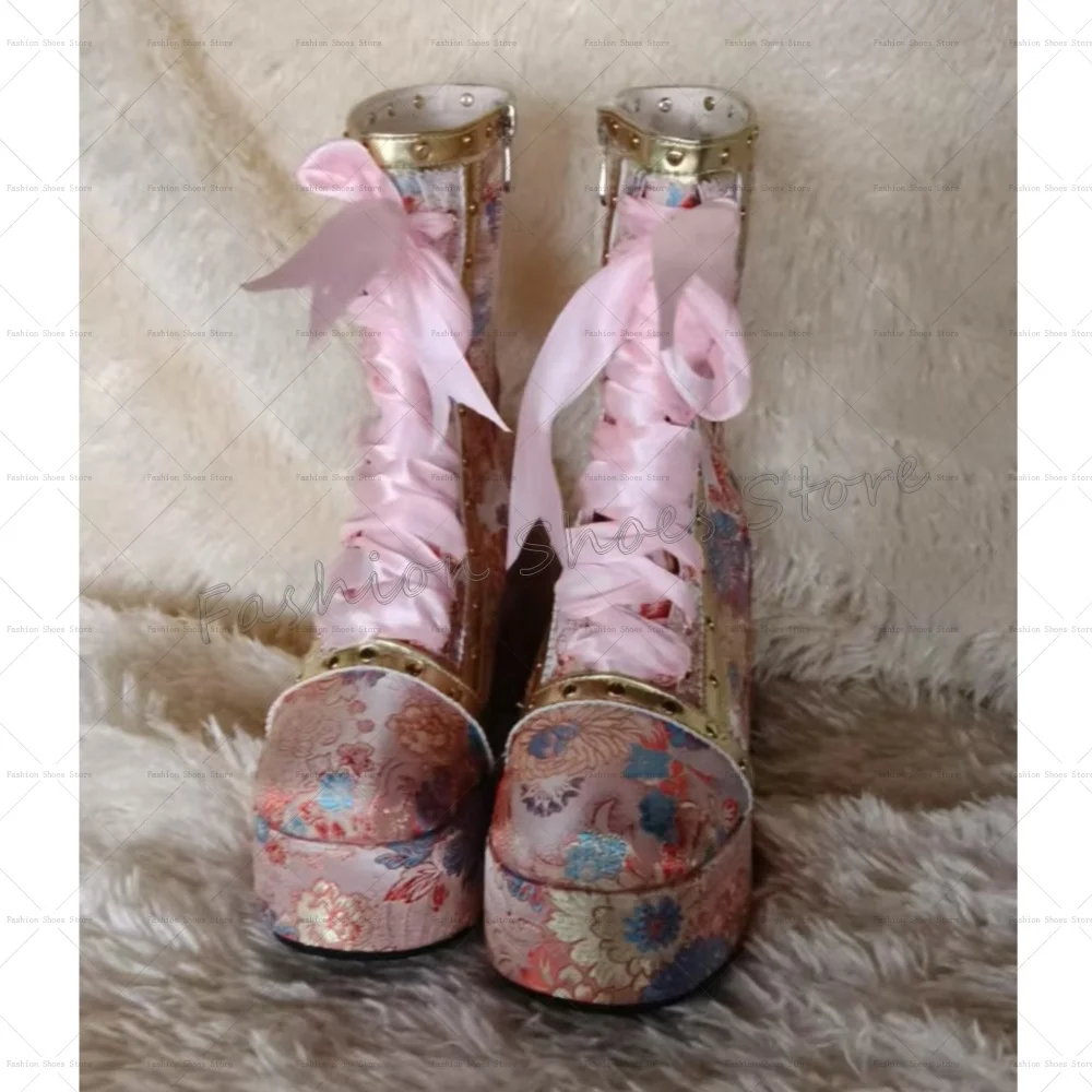 

Pink Printing Round Rivets Side Zipper Boots Lace up Women Shoes Chunky High Heels Party Banquet Dating 2025 Zapatos Para Mujere