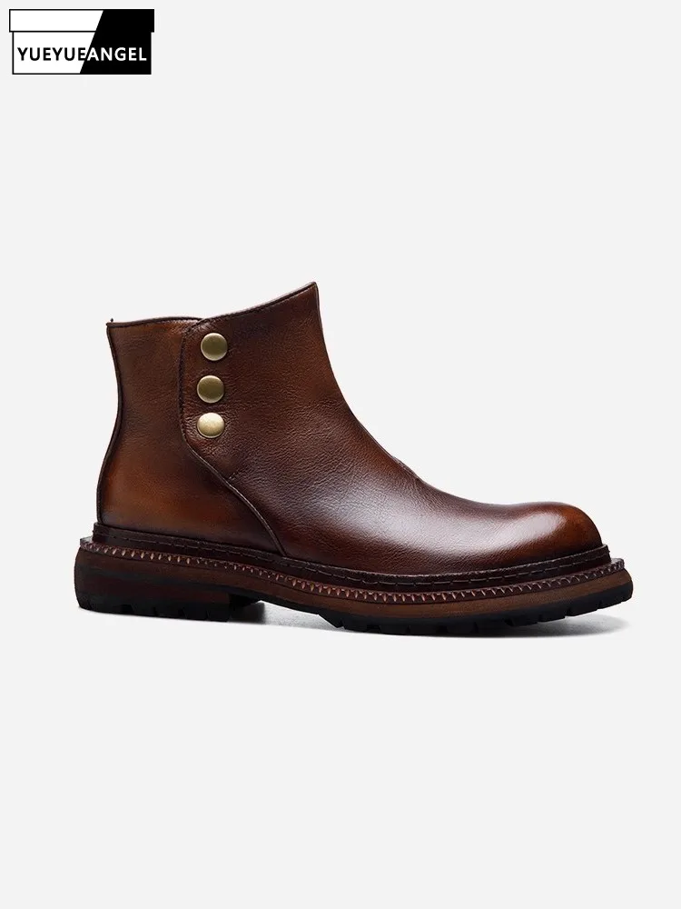 

Men British Style Retro Ankle Boots Genuine Cow Leather High Top Shoes Round Toe Side Zip Pigskin Lining Footwear Autumn Winter