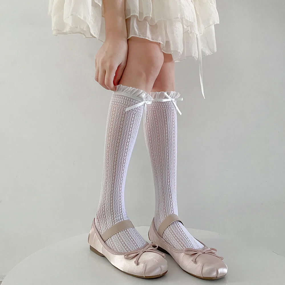 Japanese Style Sweet Girls Long Socks Stockings JK Lolita Bowknot Ruffles Knee Socks Women Hollow Out Mesh Fishnet Stockings Sox