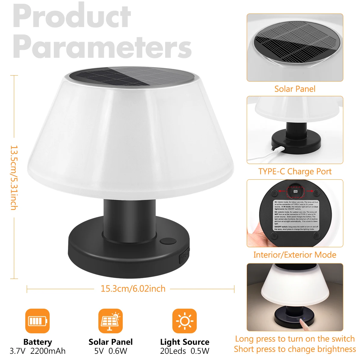 مصباح طاولة بالطاقة الشمسية مع بطارية 2200 مللي أمبير في الساعة شحن مزدوج بالطاقة الشمسية وUSB 4 إعدادات سطوع IP65 مقاومة للماء للضوء الشمسي المكتبي
