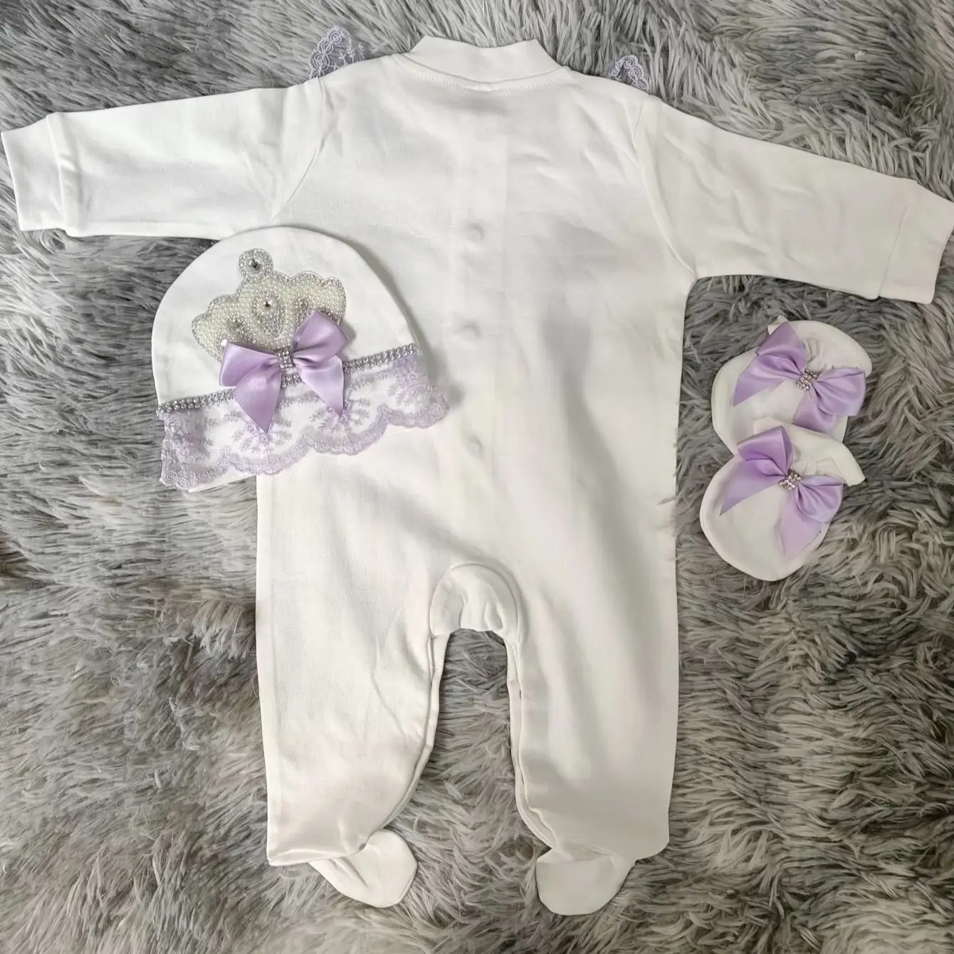 

Purple Lace Crown Embroidery Romper Set Snap Front Closure Soft Breathable Cotton Newborn Crawling Outfit 0-9 Months