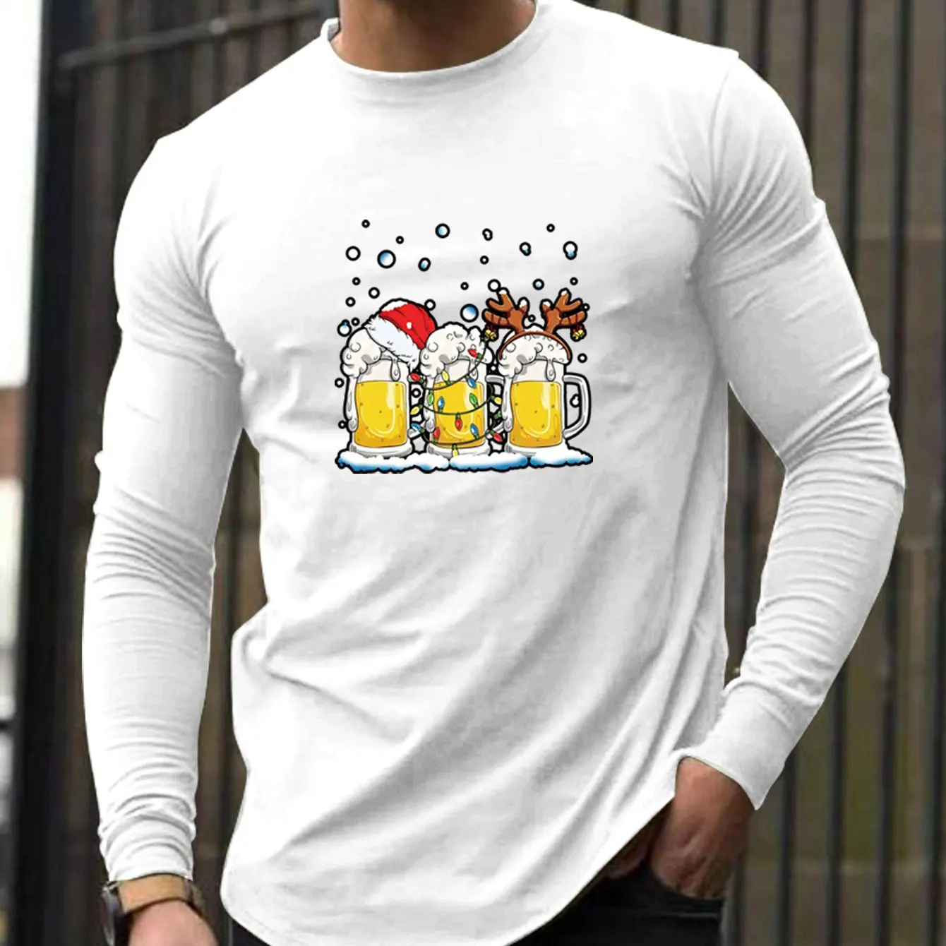 Christmas Harajuku Men's T-shirt Funny Beer Print Fall Long Sleeve Pullover New Year Gift X'mas Clothing Casual O-neck Loose Top