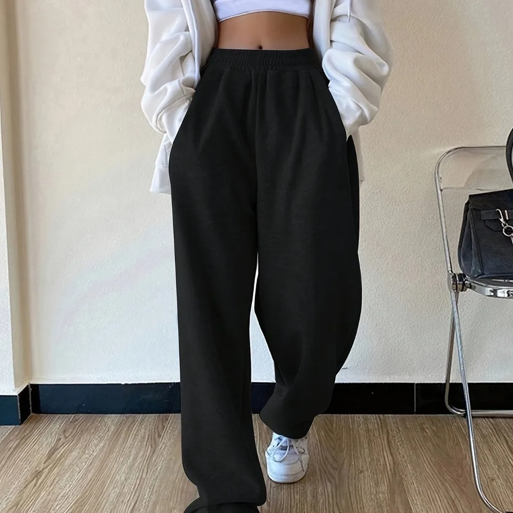بنطال ركض مريح بأرجل مستقيمة بلون عادي لملابس الخريف والشتاء النسائية #1